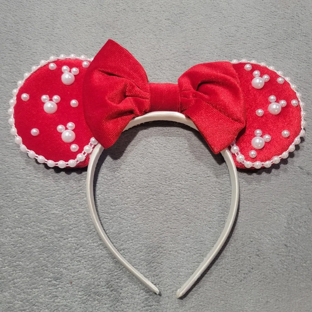 Minnie Mouse Ears Women Red‎ Velvet Pearl Mickey Disney Style Coquette
